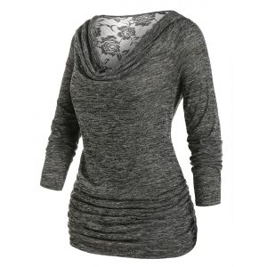Plus Size Cowl Neck Lace Panel Ruched Marled Tee, Gray