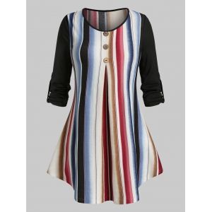 

Plus Size Striped Knit Roll Tab Sleeve Curved Hem Tee, Red wine
