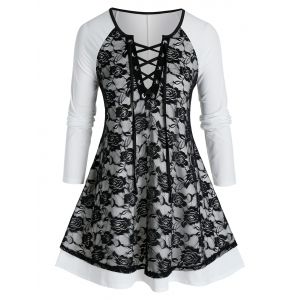 

Plus Size Grommet Lace-up Flower Lace Raglan Sleeve Tee, Black