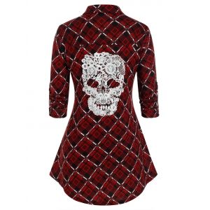 

Plus Size Plaid Crochet Skull Button Up Curved Hem Shirt, Deep red
