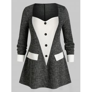 

Plus Size Marled Knit Mock Button Sweetheart Neck Top, Graphite black