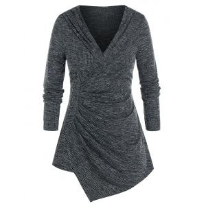 

Plus Size Asymmetrical Shawl Collar Ruched Marled Sweater, Black