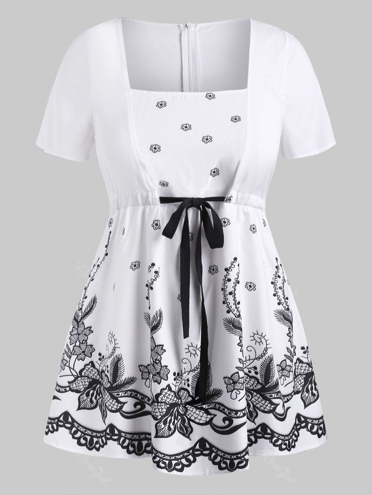 

Plus Size Drawstring Floral Blouse, White