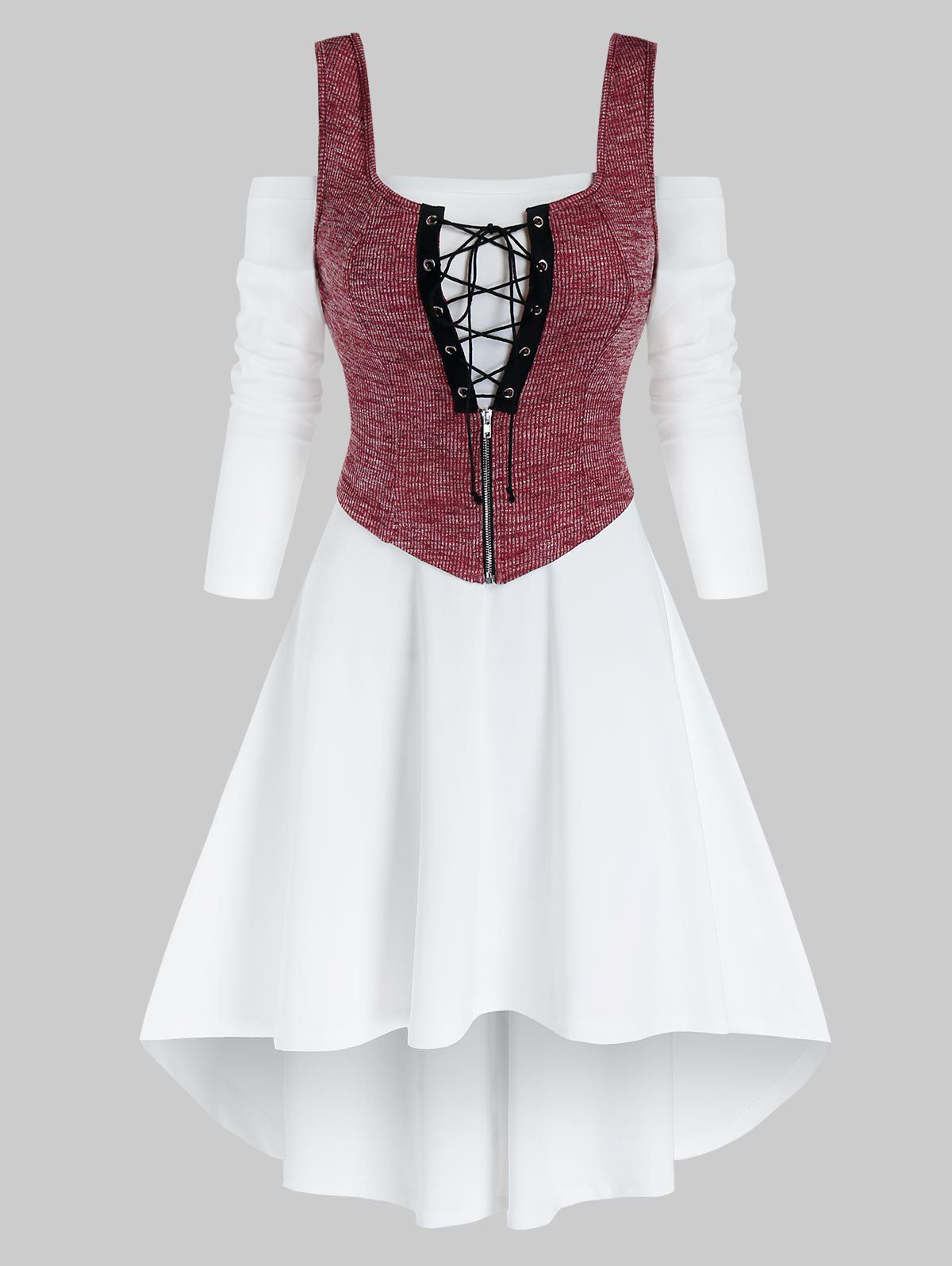 

Cold Shoulder Lace Up High Low Two Piece Dress Sets, White