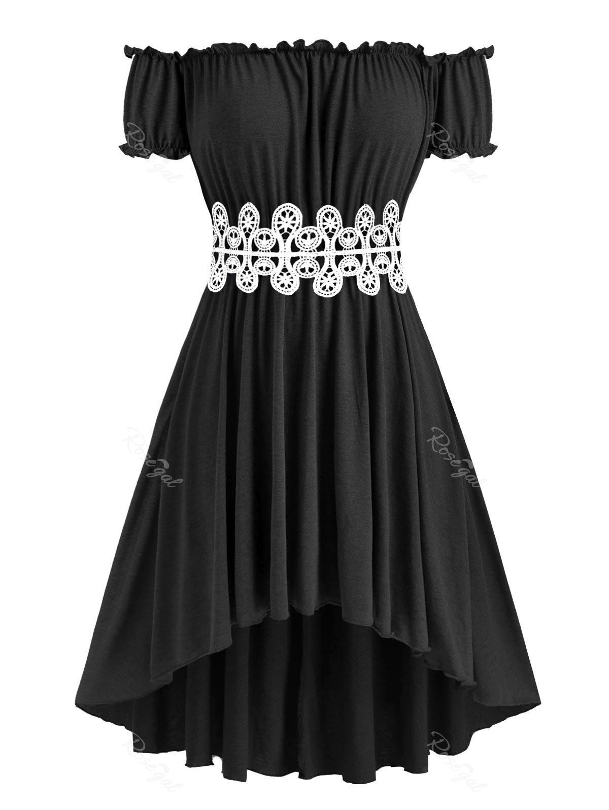 

Plus Size Off The Shoulder Lace Guipure High Low Dress, Black