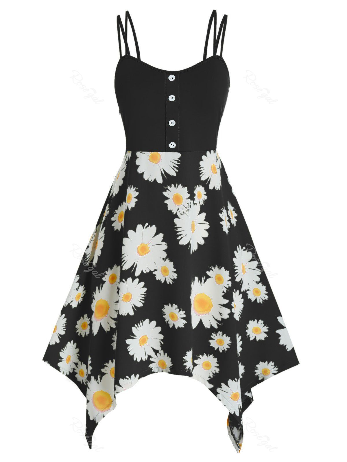 Plus Size Daisy Flower Hanky Hem Dual Strap Dress, Black