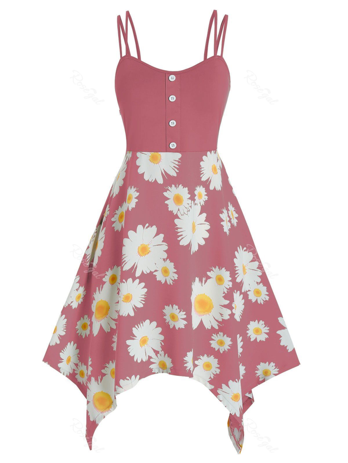 Plus Size Daisy Flower Hanky Hem Dual Strap Dress, Light pink
