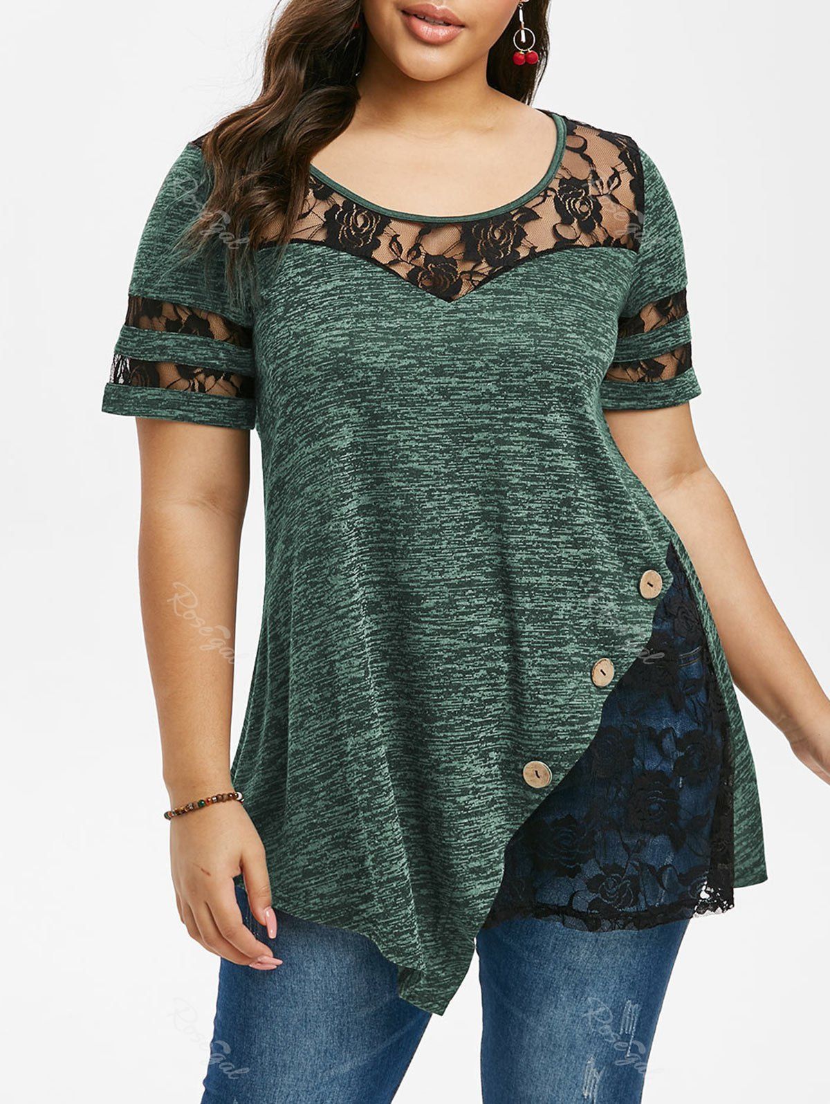 

Plus Size Marled Lace Insert T Shirt, Sea green
