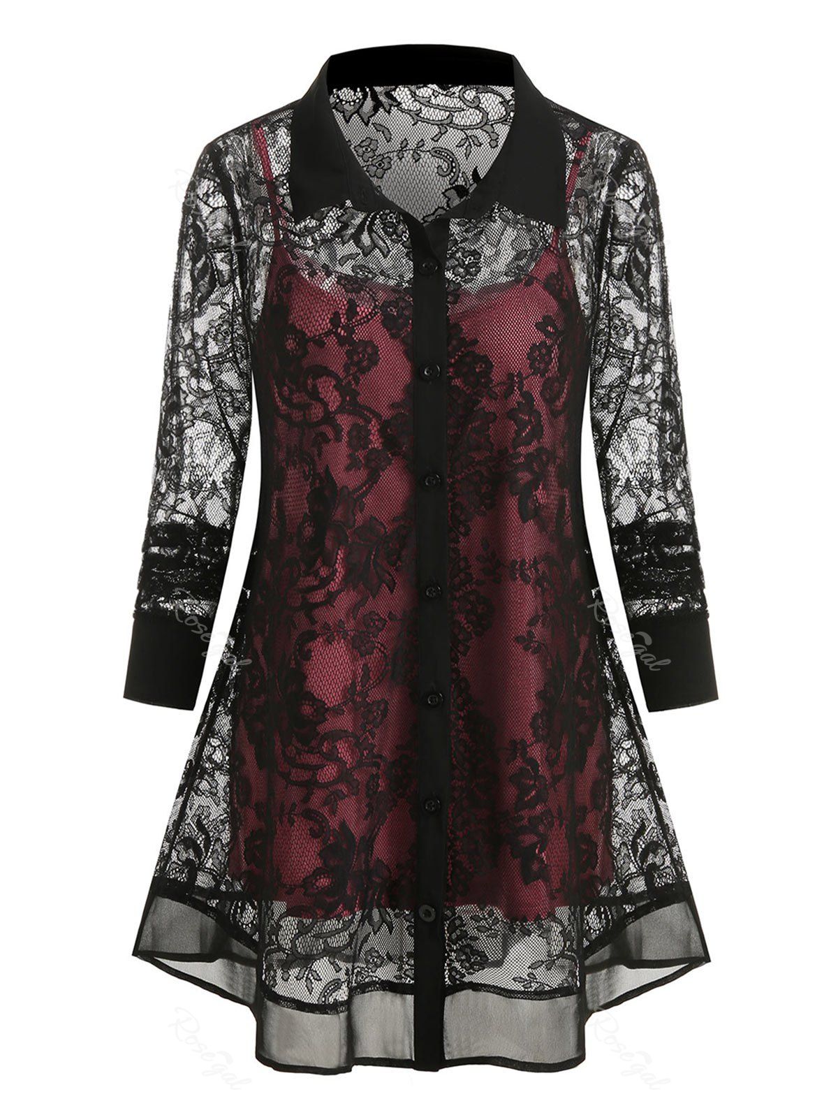 

Plus Size Lace See Thru Tunic Blouse and Cami Top Set, Black