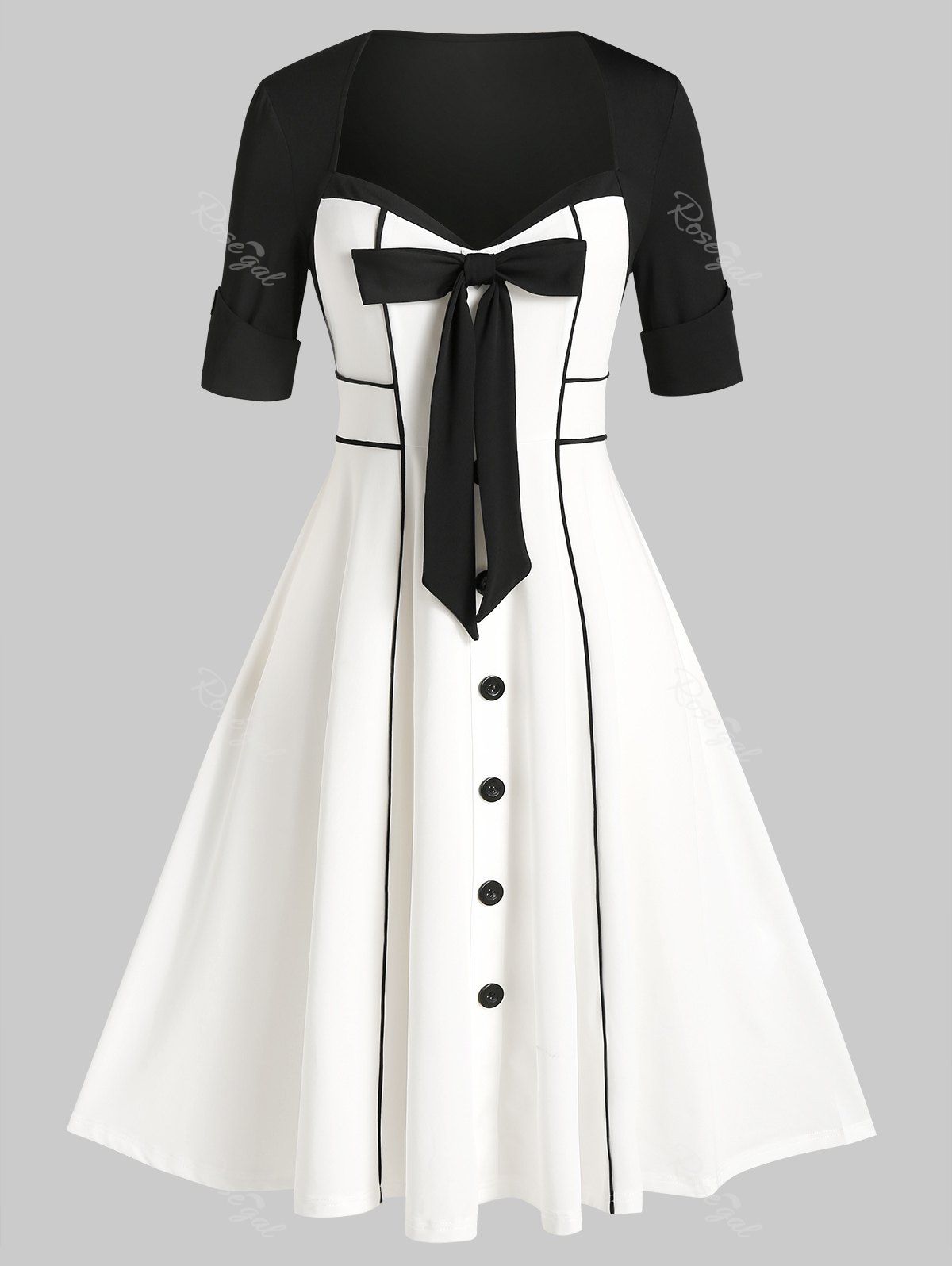 

Plus Size Bowknot Two Tone Contrast Binding Cuffed Sleeve Dress, Black