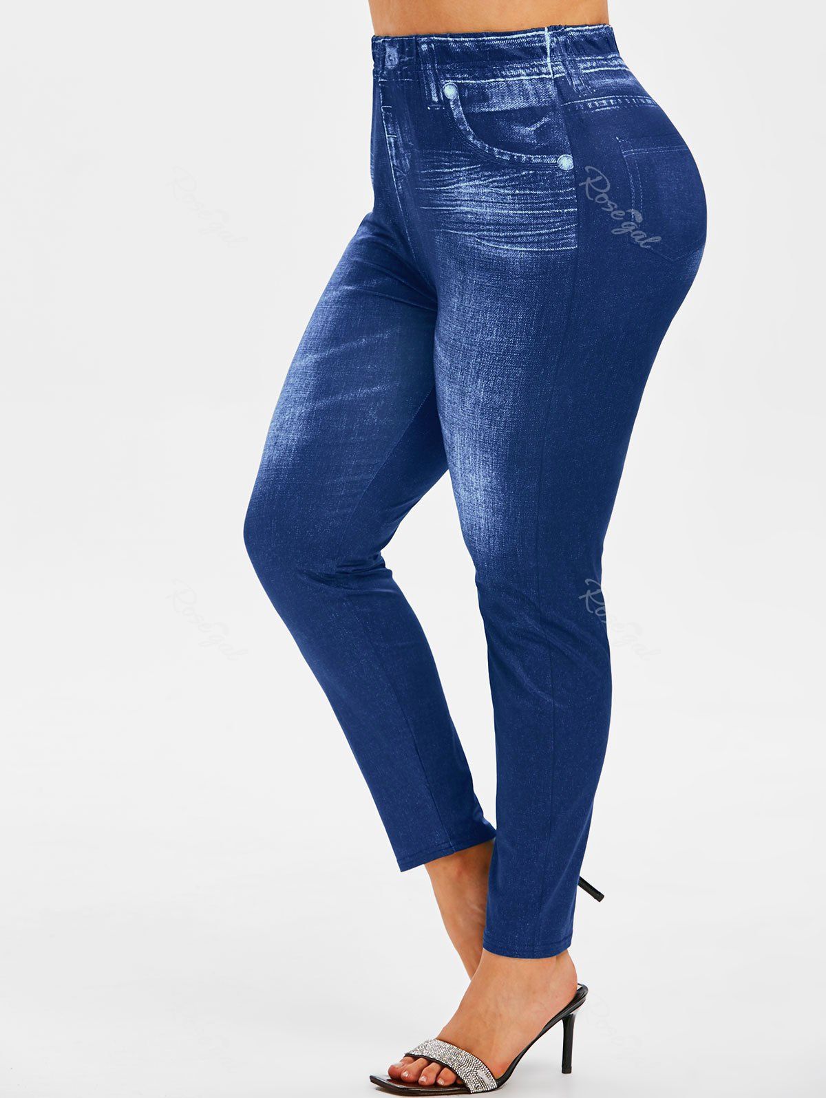 

Plus Size High Waisted 3D Jean Print Jeggings, Deep blue