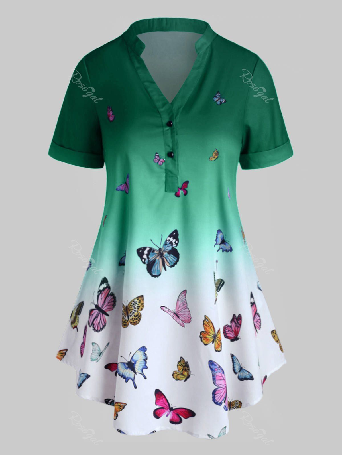 

Plus Size Ombre Butterfly Print Rolled Cuff Henley Blouse, Green