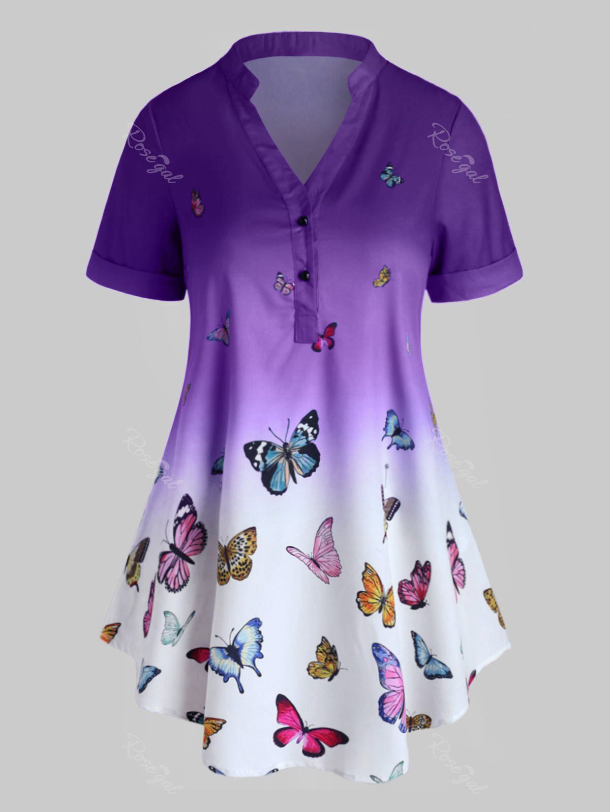 

Plus Size Ombre Butterfly Print Rolled Cuff Henley Blouse, Purple