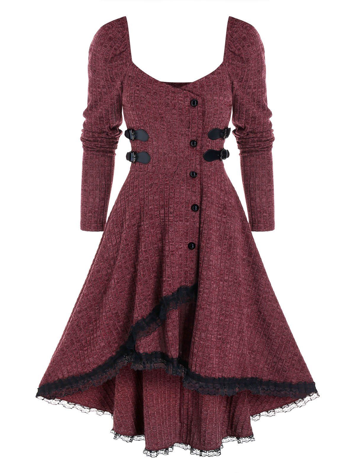 Mock Button Lace Trim Ribbed High Low Dress, Red wine