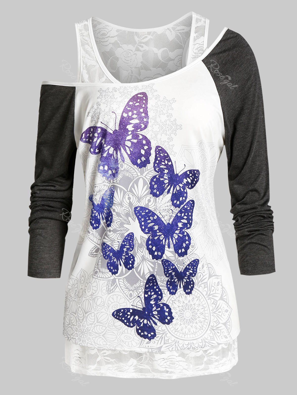 

Plus Size Butterfly Oblique Shoulder T-shirt and Lace Sheer Tank Top Set, Multi