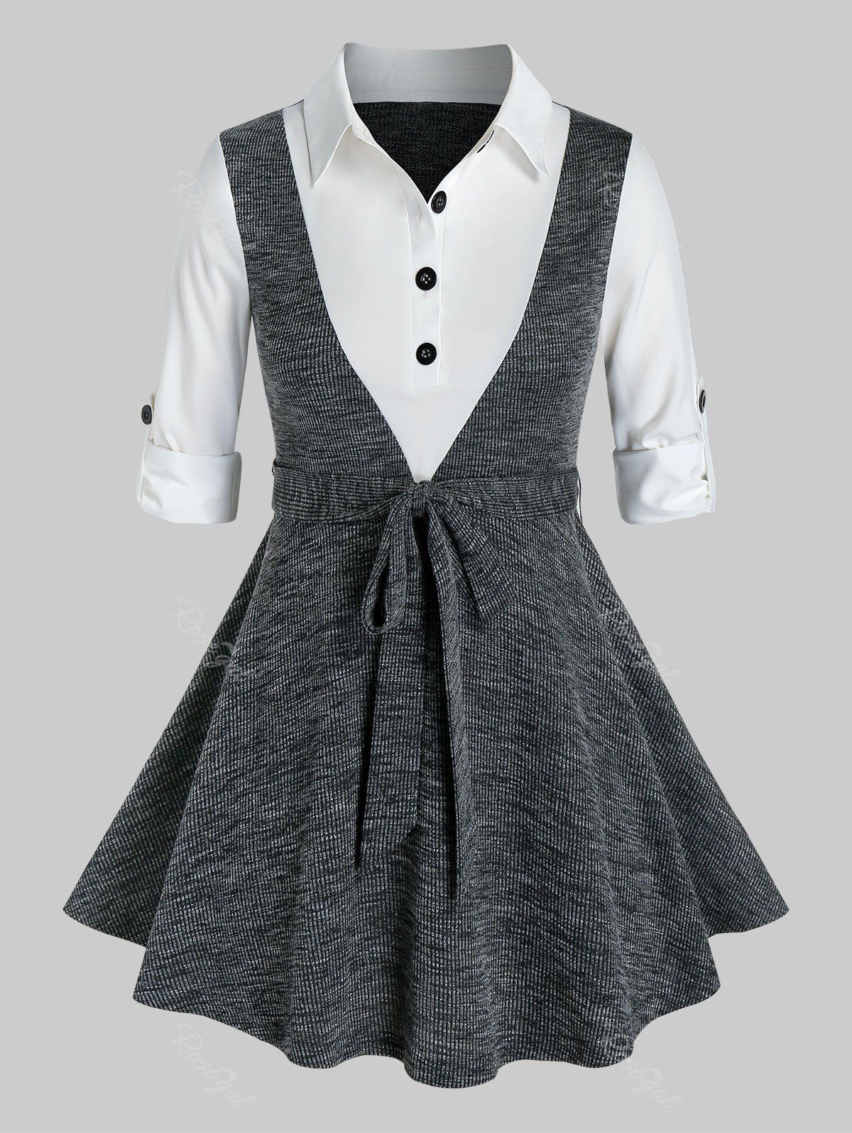 

Plus Size Marled Knit Tie Roll Tab Sleeve Skirted Top, Graphite black