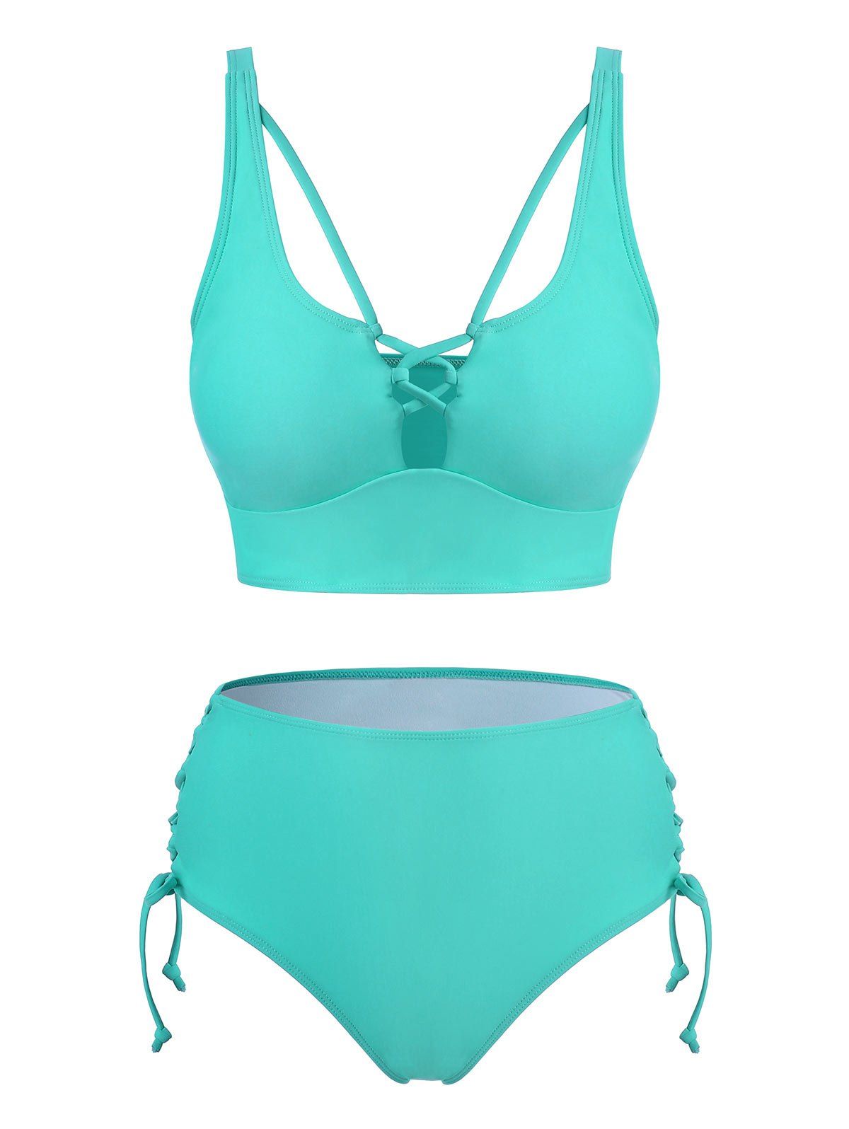 

Lace-up Cross High Rise Tankini Swimwear, Blue