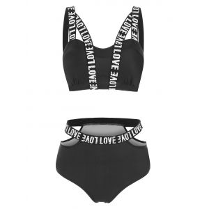 

Cut Out Letter Print Padded Bikini Set, Black