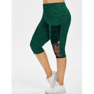 

Plus Size Lace Panel Sheer Space Dye Capri Leggings, Deep green