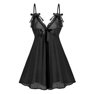 

Plus Size See Through Mesh Babydoll Set, Black