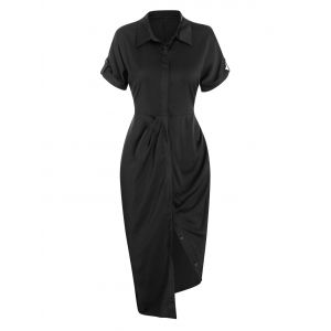 

Button Through Ruched Asymmetrical Shirt Dress, Black