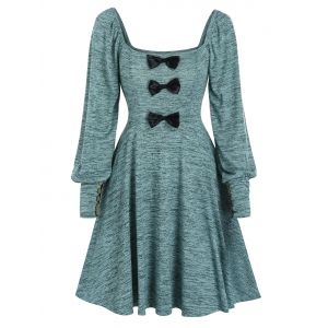 

Square Collar Bowknot Blouson Sleeve Mini Knitted Dress, Peacock blue