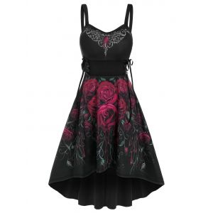 

Sleeveless Flower Print Lace-up High Low Gothic Dress, Black