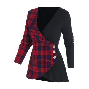 

Deep V Neck Checked Panel Button Surplice T Shirt, Black