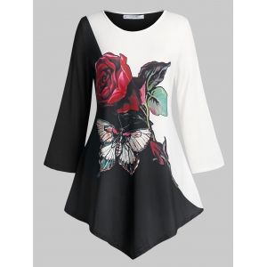 

Plus Size Floral Butterfly Print Colorblock T Shirt, Black