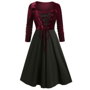 

Plus Size Velvet Lace-up Two Tone A Line Vintage Dress, Deep red