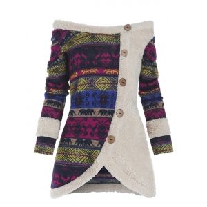 

Faux Fur Insert Tribal Pattern Mock Button Sweater, Multi a