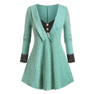 

Plus Size Contrast Lace Tunic Knitwear, Light sea green