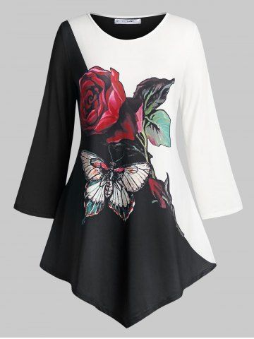 T-shirt Fleuri Papillon Imprimé en Blocs de Couleurs de Grande Taille - BLACK - L