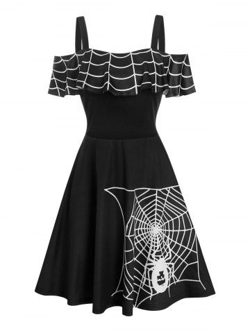 Robe Patineuse d'Halloween Toile Imprimée Araignée - BLACK - M
