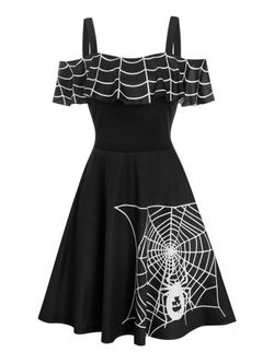 Halloween Spider Web Print Skater Dress - BLACK - M