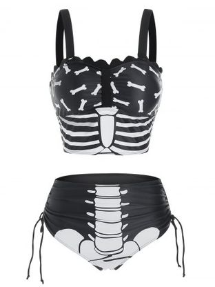 Halloween Skeleton Print Cinched Tankini Set