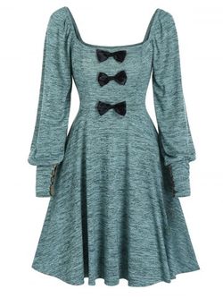Square Collar Bowknot Blouson Sleeve Mini Knitted Dress - PEACOCK BLUE - L
