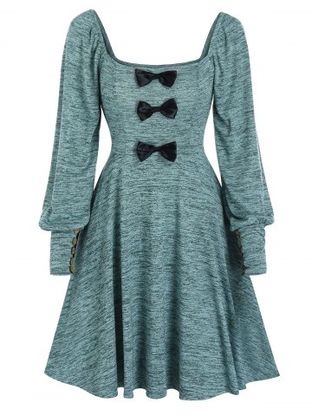 Square Collar Bowknot Blouson Sleeve Mini Knitted Dress
