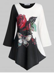 T-shirt Fleuri Papillon Imprimé en Blocs de Couleurs de Grande Taille - Noir 1X