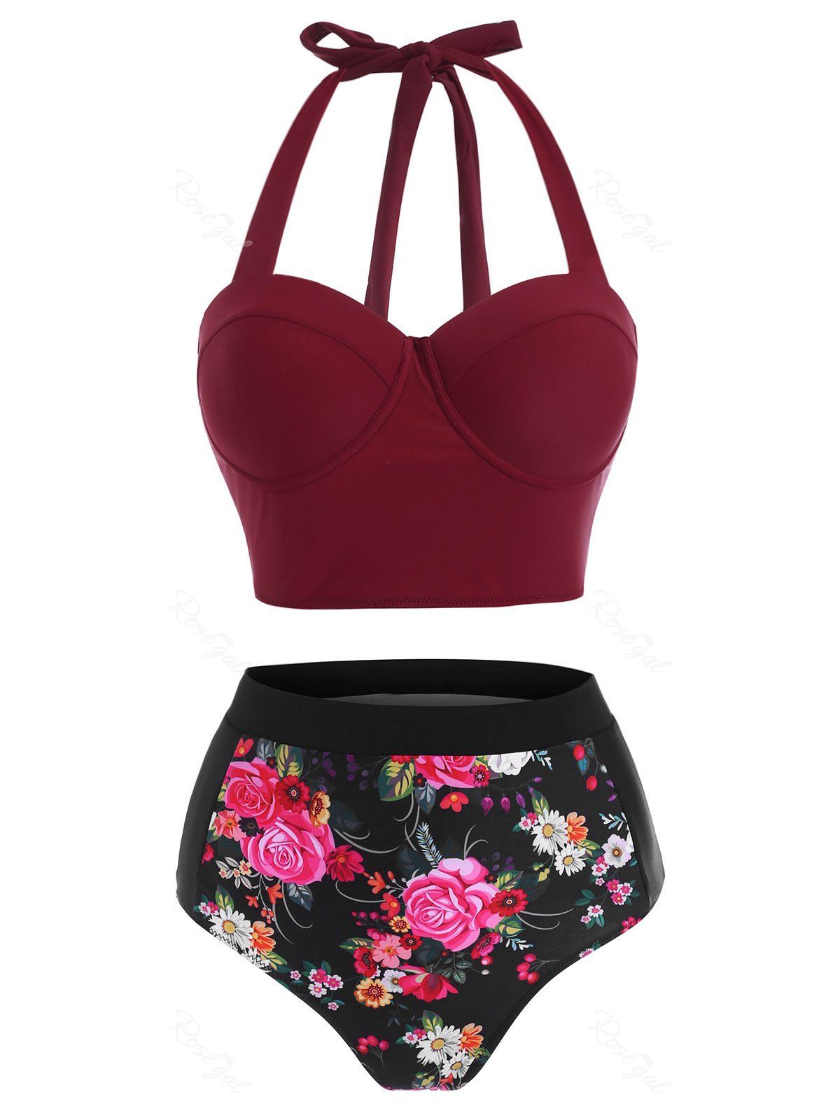 

Floral Print Lace Up Push Up Halter Tankini Swimwear, Red