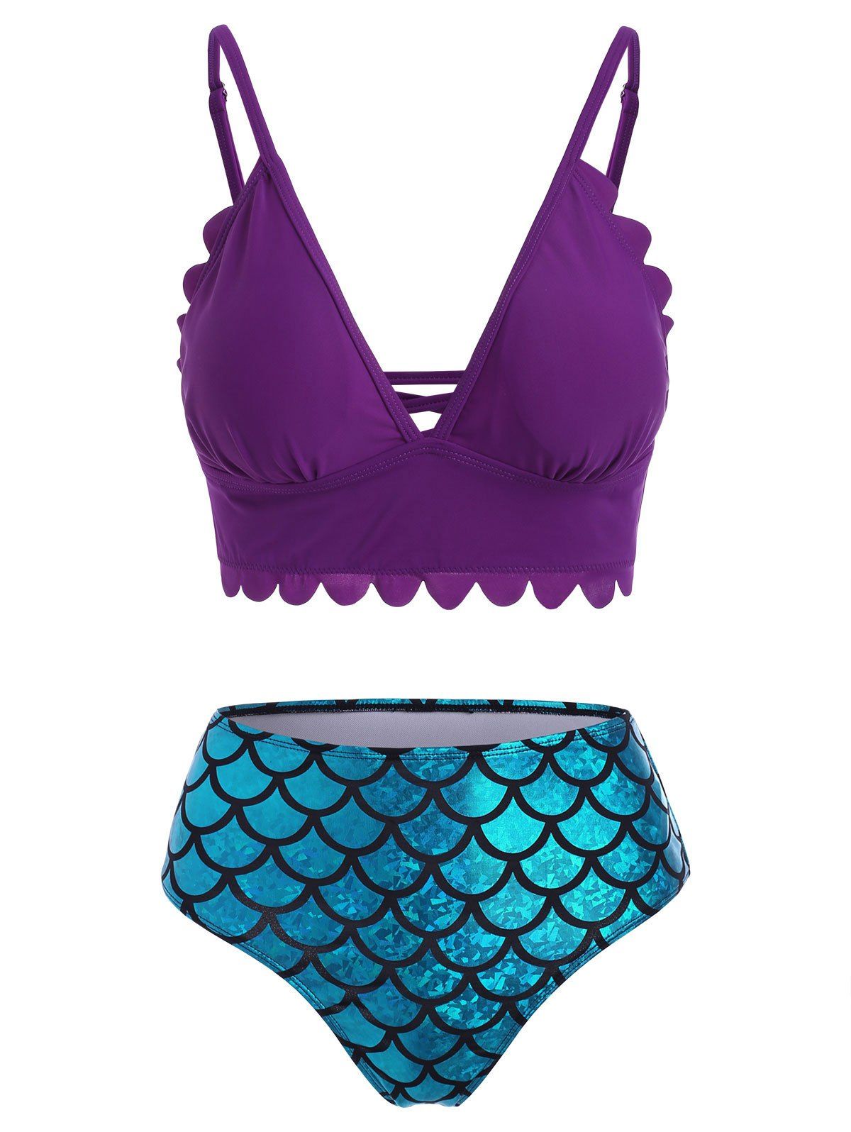 

Scalloped Metallic Mermaid Print Tankini Swimwear, Purple