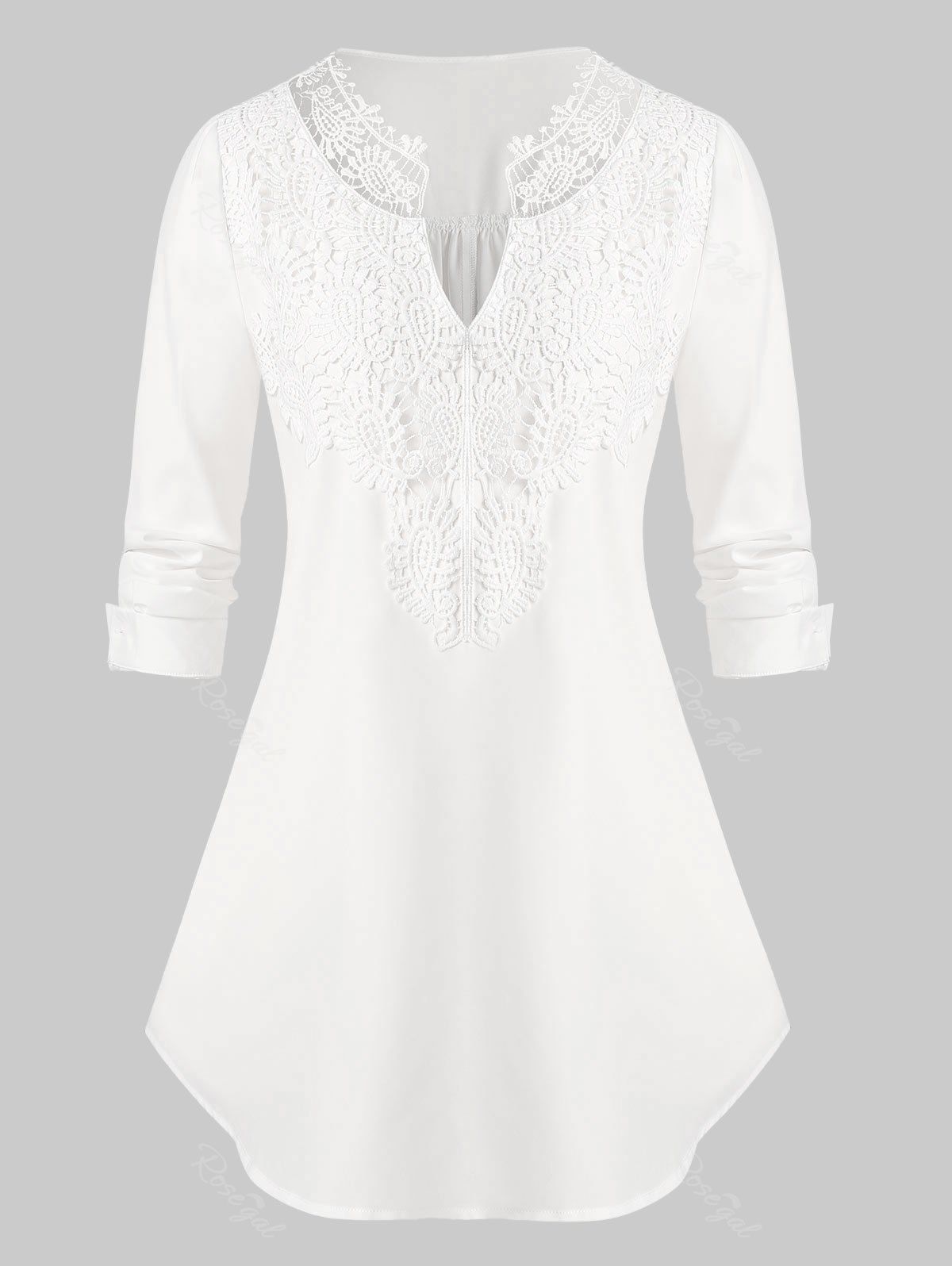 

Plus Size Applique Panel Roll Tab Sleeve V Notch Blouse, White