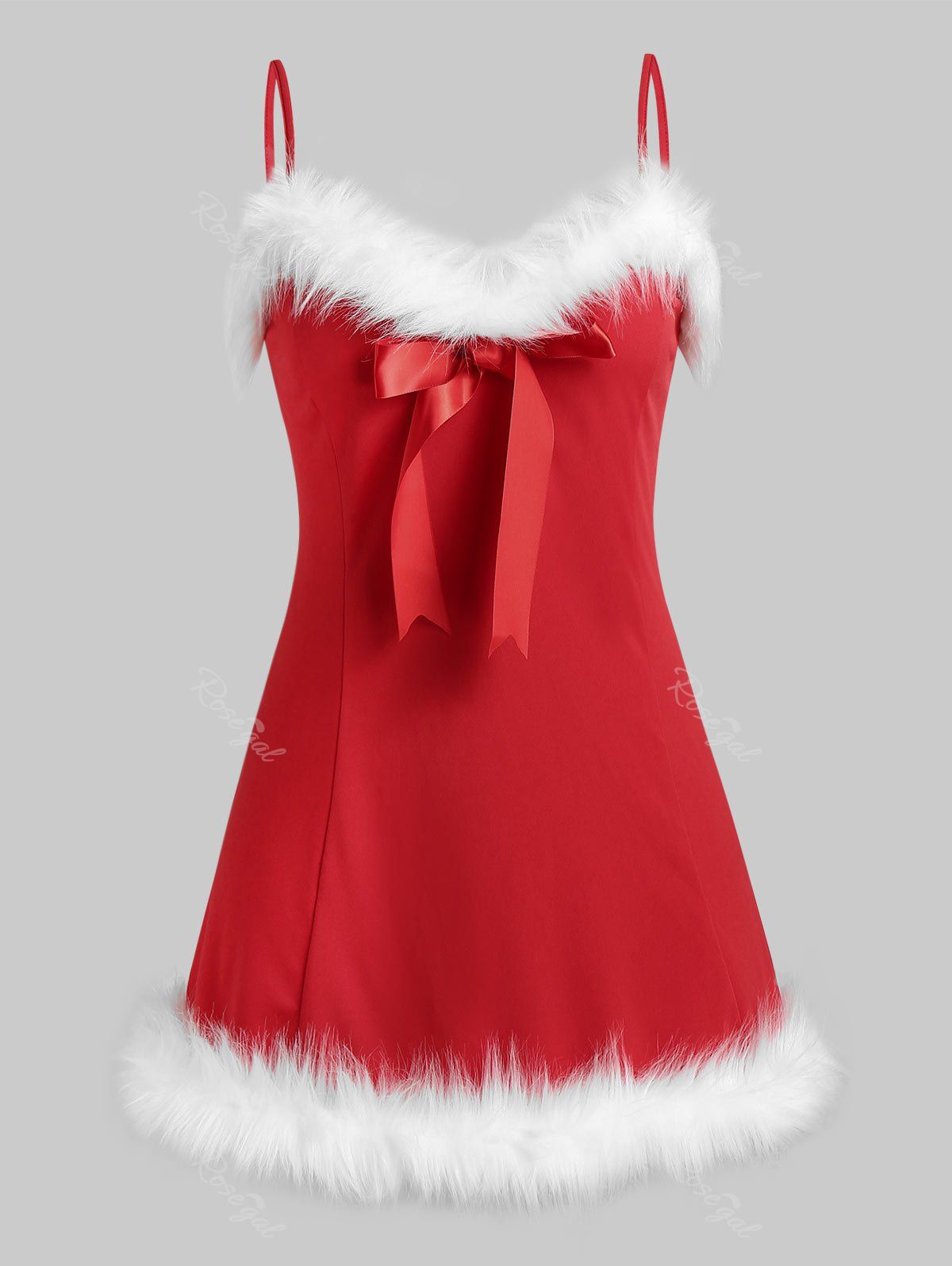 

Plus Size Bowknot Faux Fur Panel Backless Cami Babydoll, Red