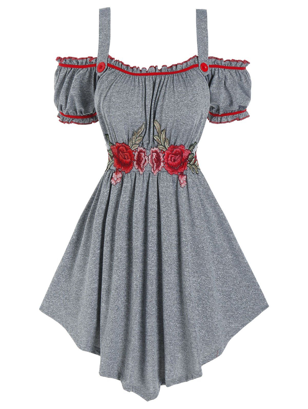 

Flower Embroidered Open Shoulder Pointed Hem T-shirt, Light gray