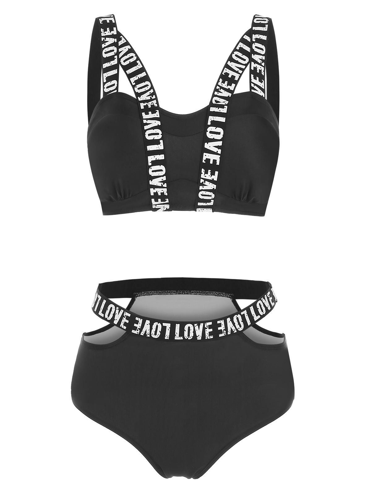 

Cut Out Letter Print Padded Bikini Set, Black