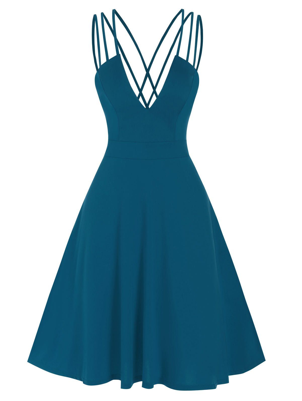 

Fit And Flare Low Cut Criss Cross Straps Dress, Peacock blue