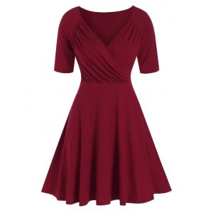 

Ruched Raglan Sleeve Surplice Dress, Red wine