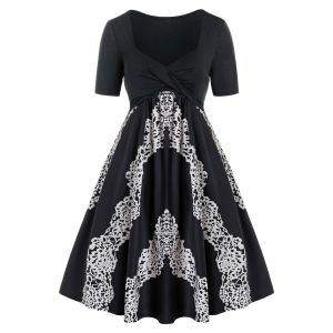 

Plus Size Twisted Print A Line Knee Length Dress, Black