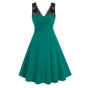 

Plus Size Surplice Lace Panel Ruched Backless Midi Dress, Medium turquoise
