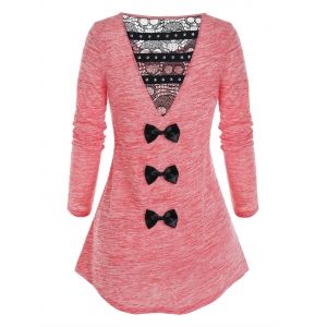 

Space Dye Back Lace Panel Bowknot Longline T Shirt, Watermelon pink